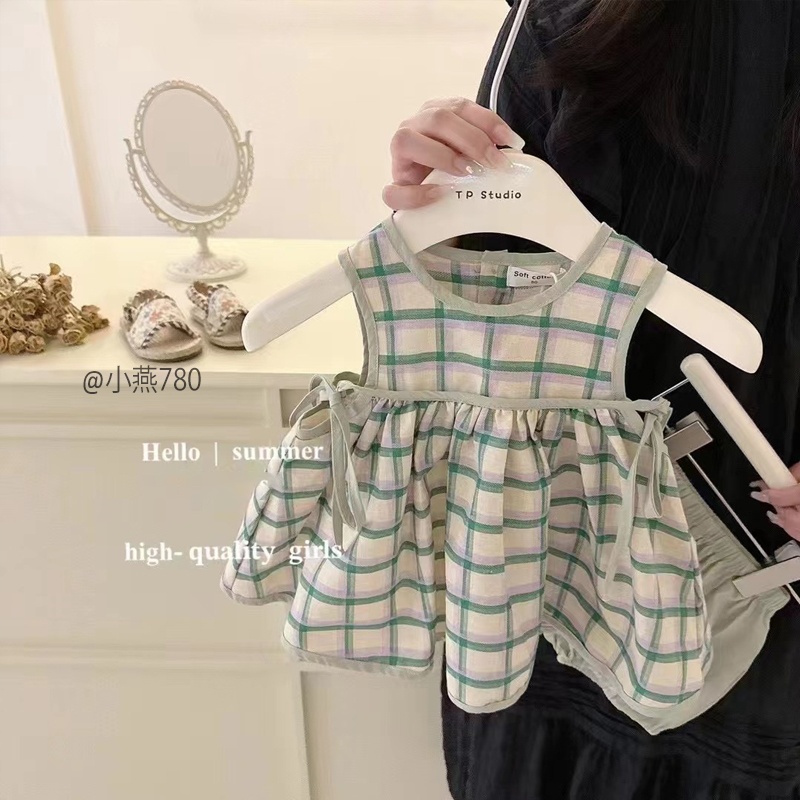 S780-Bộ quần áo hè bé gái style hàn quốc họa tiết caro xanh vải thô mát Tiểu Yến KID