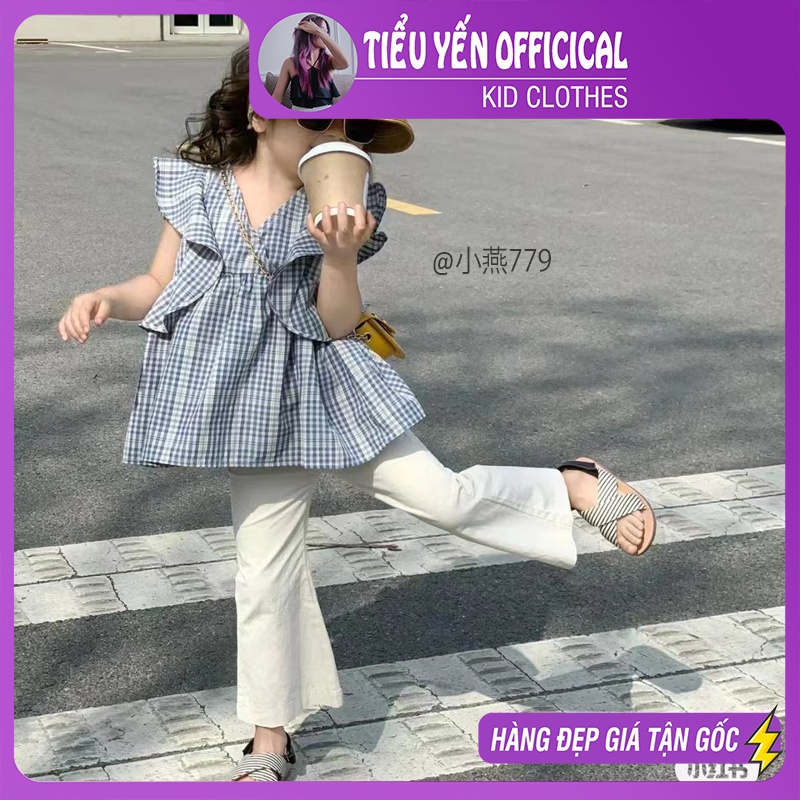 S779-Bộ quần áo hè bé gái quần ống loe mix áo caro sang chảnh Tiểu Yến KID