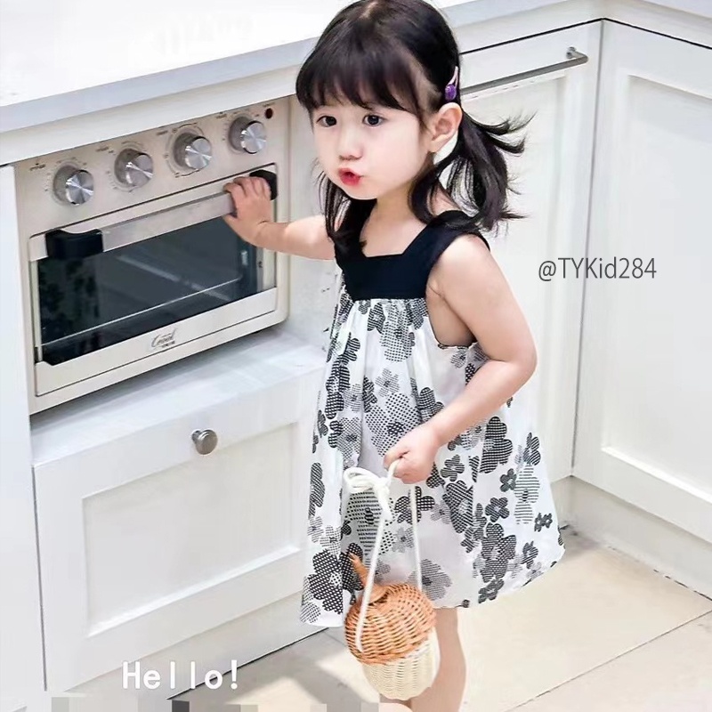 V284-Váy 2 dây hè bé gái họa tiết hoa đen trắng vải thô mát Tiểu Yến KID