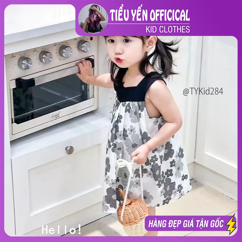 V284-Váy 2 dây hè bé gái họa tiết hoa đen trắng vải thô mát Tiểu Yến KID