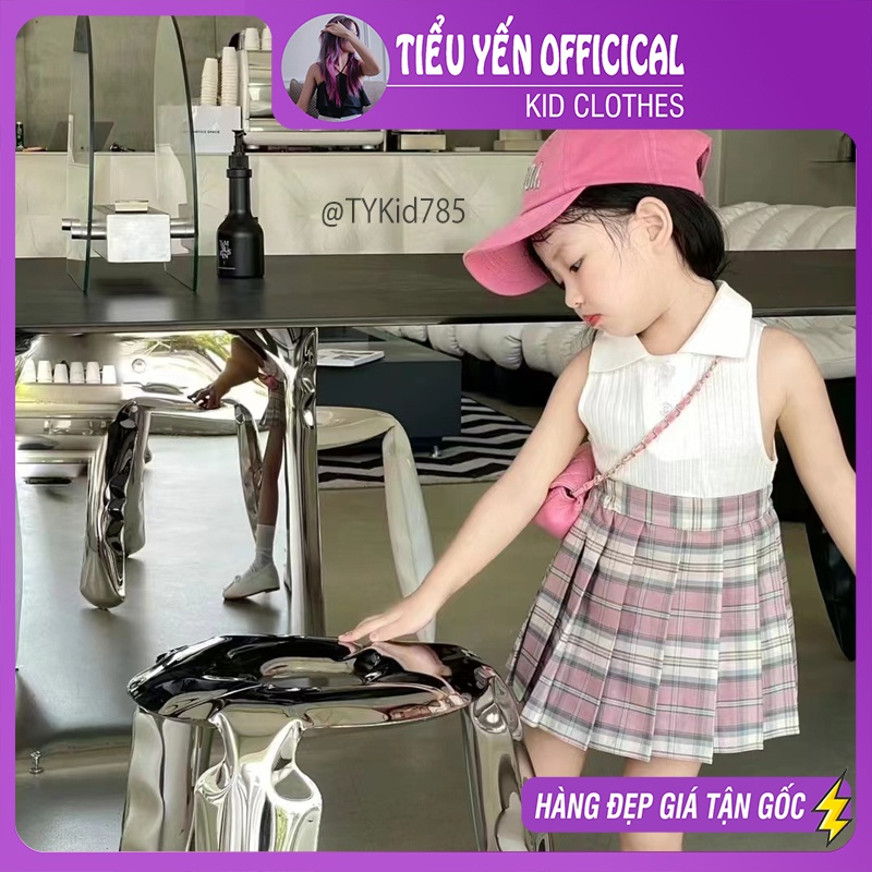 S785-Bộ áo chân váy hè bé gái kẻ caro hồng hot trend Tiểu Yến KID