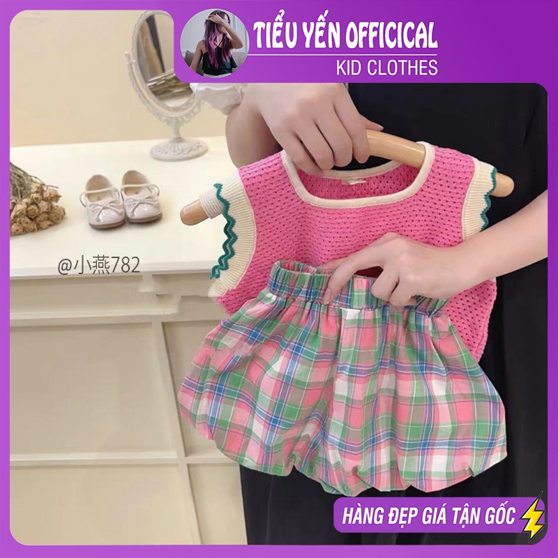 S782-Bộ quần áo hè bé gái quần dáng bí mix áo len hồng kute Tiểu Yến KID