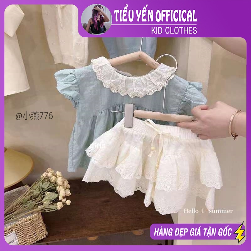 S776-Bộ quần áo hè bé gái áo xanh tiểu thư phối váy thô trắng Tiểu Yến KID