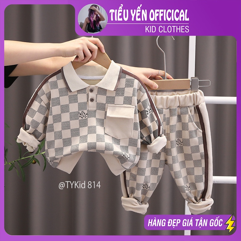 S814-Bộ quần áo thu đông bé trai họa tiết caro be Tiểu Yến KID