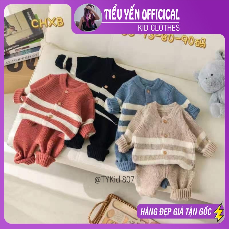 S807-Bộ quần áo len bé trai màu be họa tiết kẻ Tiểu Yến KID