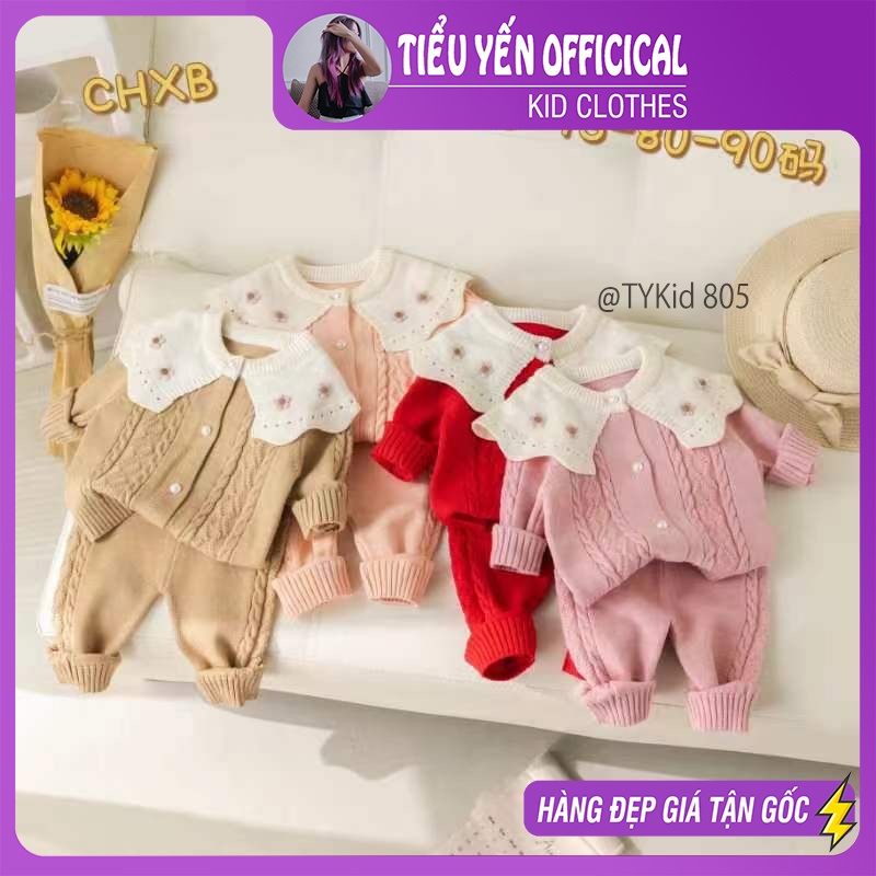 S805-Bộ quần áo len bé gái màu hồng cổ bèo Tiểu Yến KID