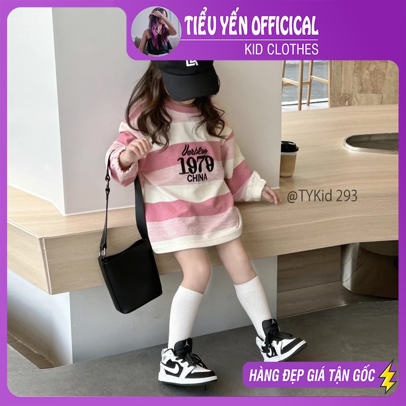 V293-Váy nỉ thu đông bé gái dáng suông họa tiết kẻ hồng đáng yêu Tiểu Yến KID