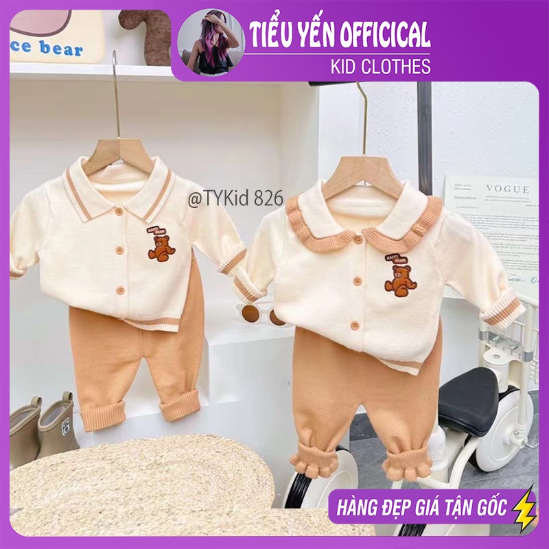 S826-Bộ len thu đông đồ đôi bé trai, bé gái họa tiết gấu màu be Tiểu Yến KID