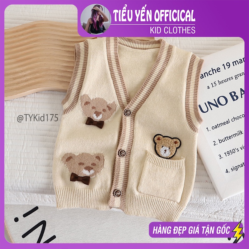 A175-Áo gile len thu đông bé trai họa tiết gấu len chất mềm đẹp Tiểu Yến KID