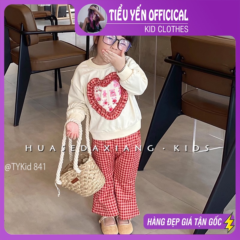 S841-Bộ nỉ thu đông bé gái họa tiết trái tim gấu kute Tiểu Yến KID