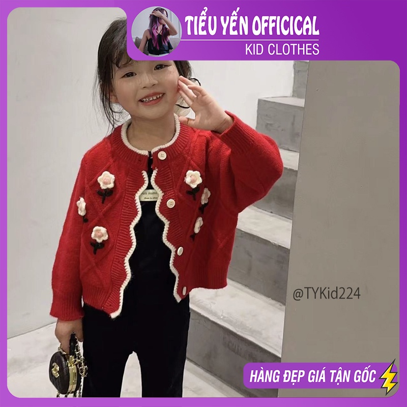 AK224-Áo khoác len, cardigan len bé gái màu đỏ, len đanh mịn Tiểu Yến KID