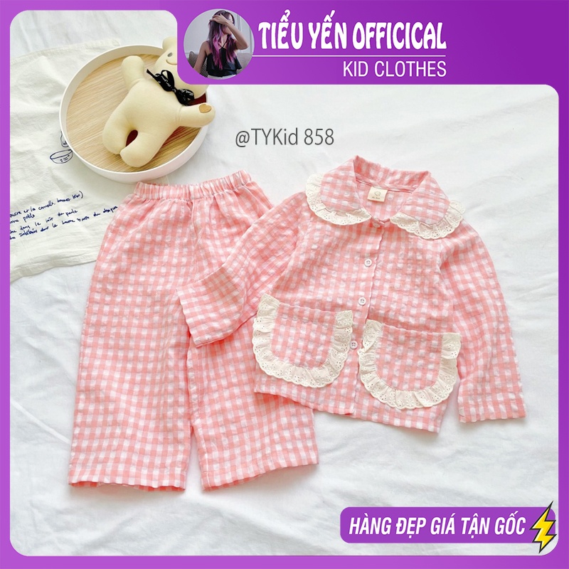 S858-Pijama bé gái màu caro hồng phổi ren siêu xinh, vải thô đũi mềm Tiểu Yến KID