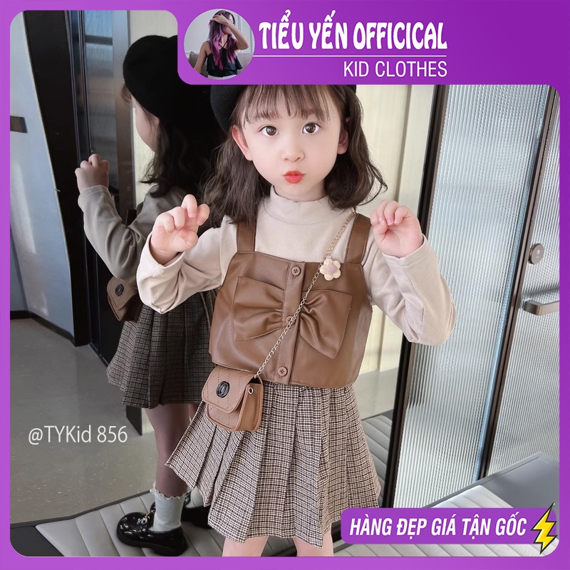 S856-Quần áo style hàn quốc bé gái, set 3 chi tiết áo da, áo nỉ, chân váy Tiểu Yến KID