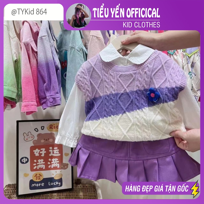 S864-Đồ bộ bé gái, Set 3 chi tiết QCCC màu tím : áo sơ mi, gile len, chân váy Tiểu Yến KID