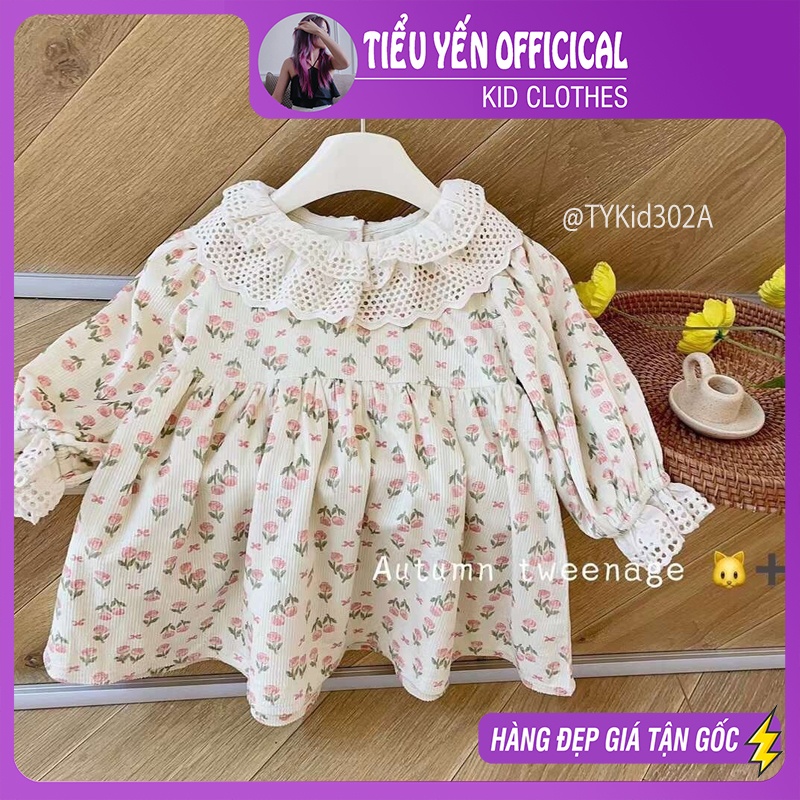 V302-Váy bé gái, váy thu đông bé gái vải nhung 2 màu họa tiết Tiểu Yến KID