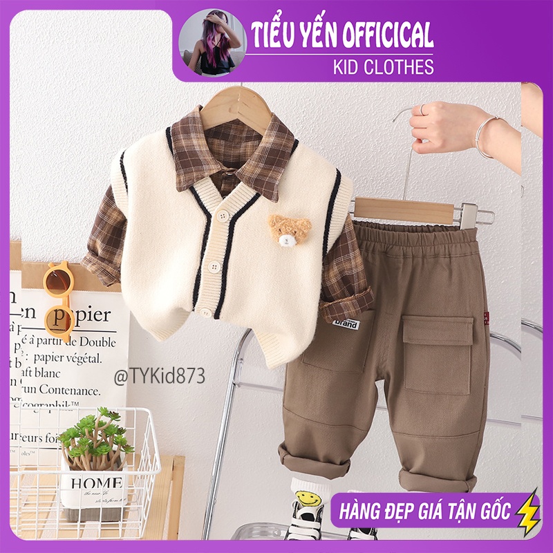 S873-Đồ bộ bé trai, bộ công tử bé trai, set 3 chi tiết áo sơ mi, gile len và quần kaki Tiểu Yến KID