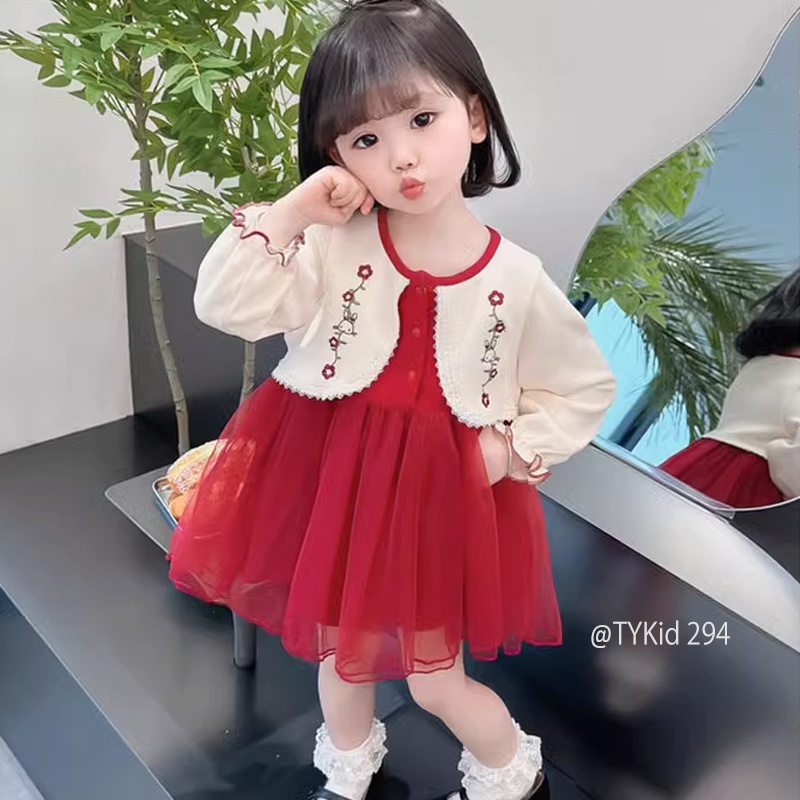 V294-Váy thu đông, váy liên áo thêu hoa, váy đỏ đi tiệc Tiểu Yến KID