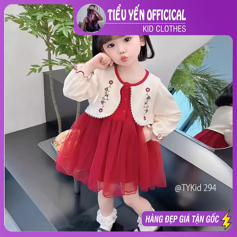 V294-Váy thu đông, váy liên áo thêu hoa, váy đỏ đi tiệc Tiểu Yến KID