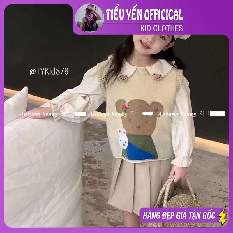 S878-Đồ bộ bé gái, quần áo bé gái style hàn quốc, set 3 chi tiết áo sơ mi, gile len, chân váy xòe Tiểu Yến KID