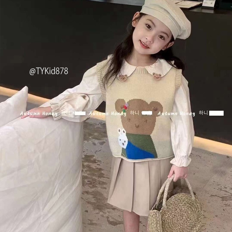 S878-Đồ bộ bé gái, quần áo bé gái style hàn quốc, set 3 chi tiết áo sơ mi, gile len, chân váy xòe Tiểu Yến KID