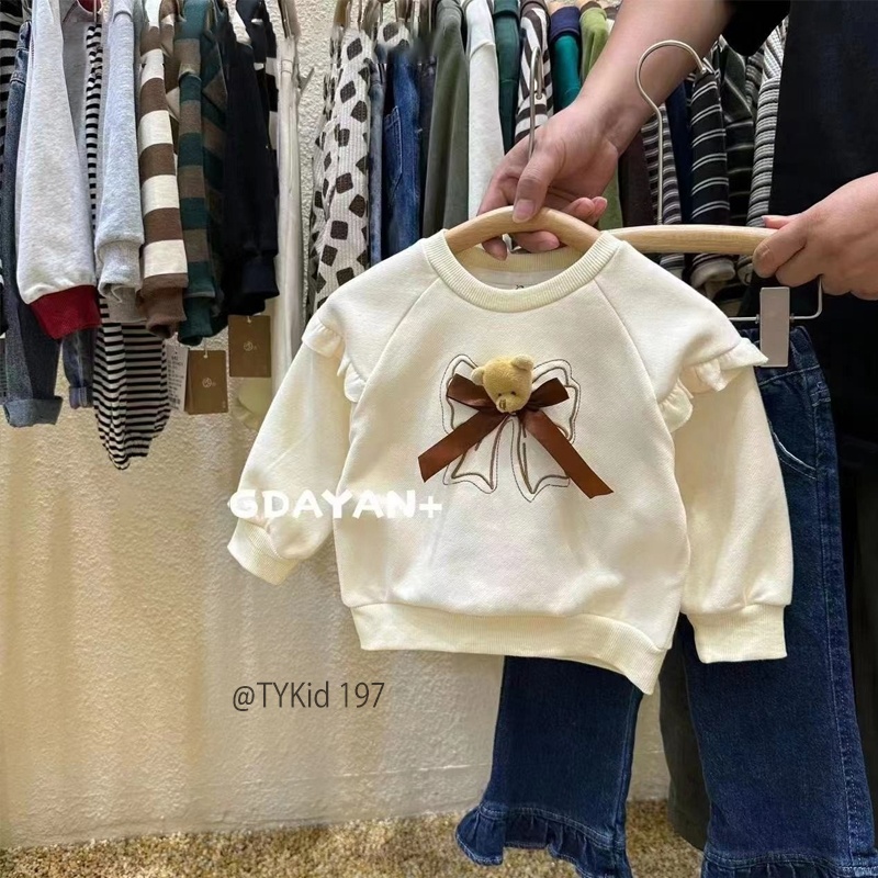 A197-Áo bé gái, áo nỉ thu đông bé gái màu kem phối nơ style hàn quốc Tiểu Yến KID