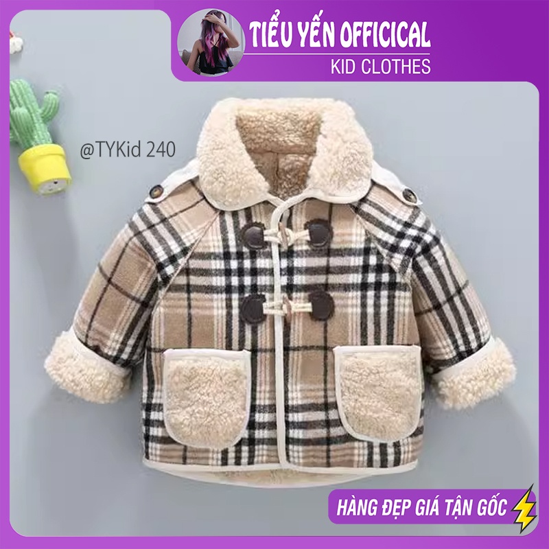 AK240-Áo khoác bé trai bé gái, áo khoác dạ lót lông màu caro kẻ style hàn quốc