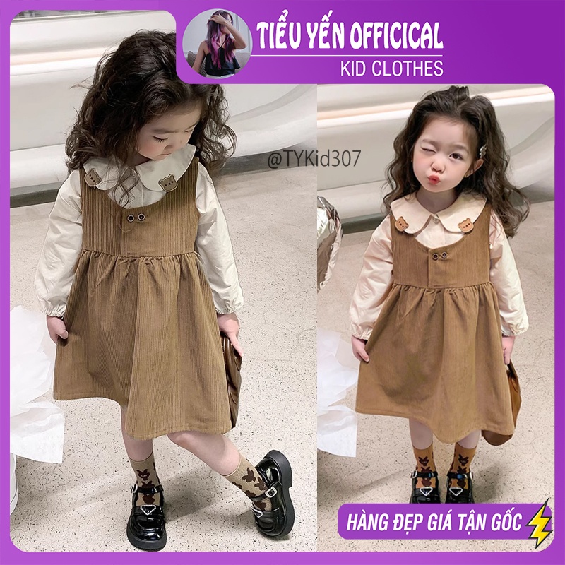 V307-Váy bé gái, váy thu đông bé gái, set váy yếm nhung nâu và sơ mi thô Tiểu Yến KID