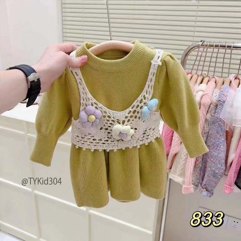 V304-Váy bé gái, váy len thu đông bé gái màu xanh cốm hot trend Tiểu Yến KID