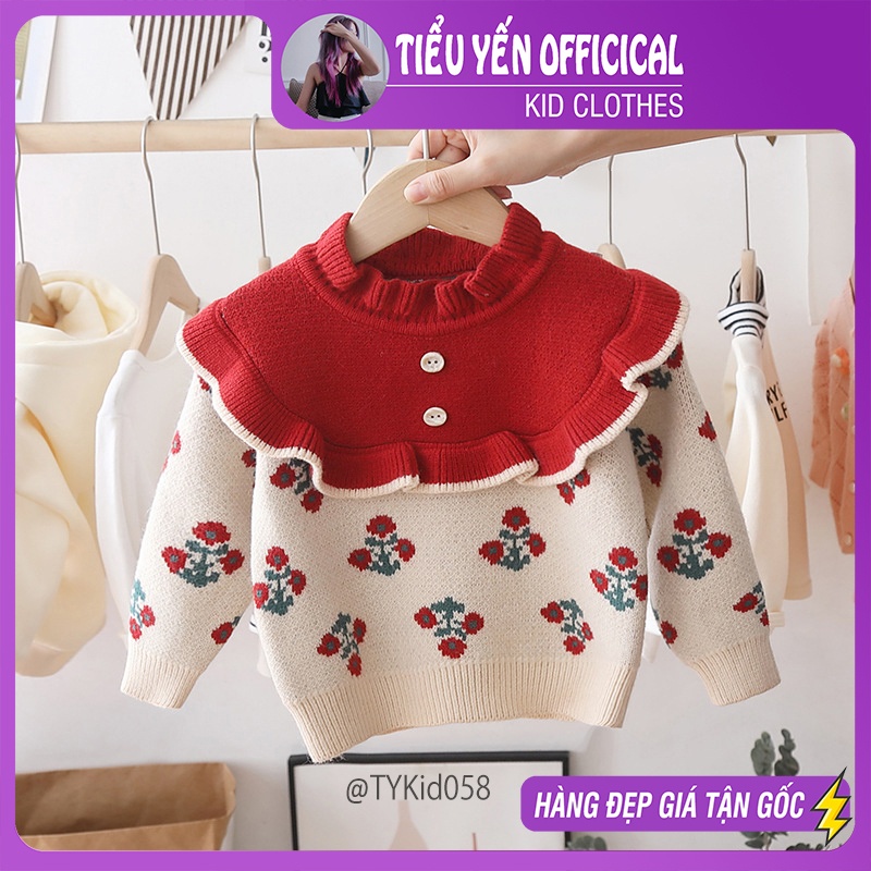 A058-Áo bé gái, áo len bé gái cổ bèo màu đỏ mặc noel và tết siêu xinh Tiểu Yến KID