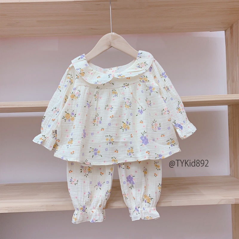 S892-Đồ bộ bé gái, Pijama dài tay cổ bèo vải xô muslin mềm thấm hút mồ hôi Tiểu Yến KID