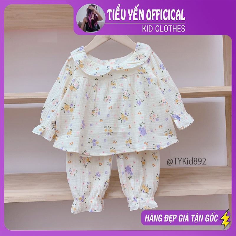 S892-Đồ bộ bé gái, Pijama dài tay cổ bèo vải xô muslin mềm thấm hút mồ hôi Tiểu Yến KID