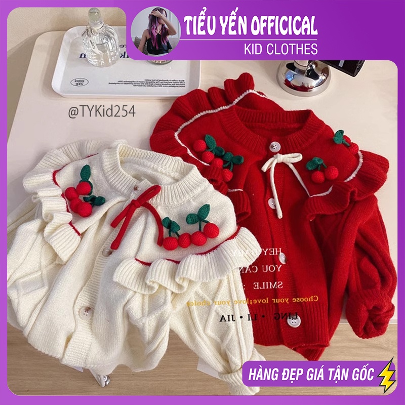 AK254-Áo khoác len bé gái, cardigan len cherry đỏ, trắng Tiểu Yến KID