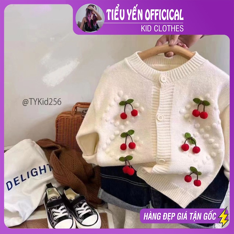 AK256-Áo khoác len bé gái, cardigan len cherry trắng Tiểu Yến KID