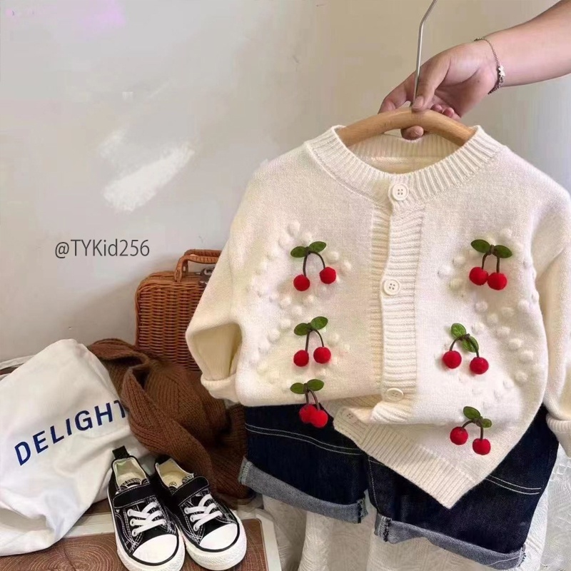 AK256-Áo khoác len bé gái, cardigan len cherry trắng Tiểu Yến KID