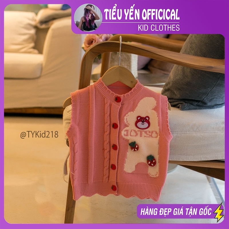 A218-Áo len bé gái, áo gile len gấu lotso hồng Tiểu Yến KID