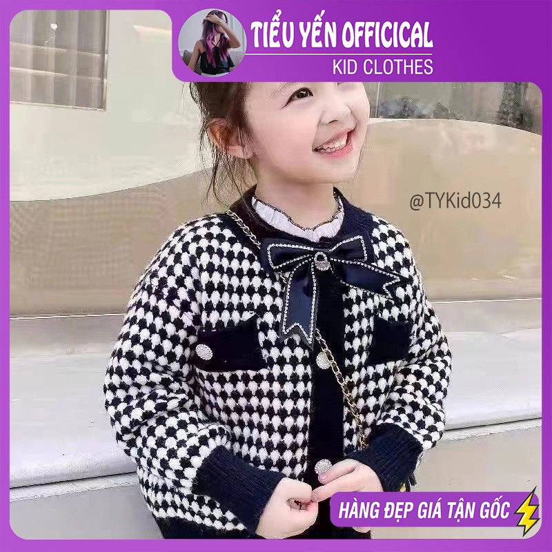 AK034-Áo khoác len bé gái, cardigan len đen kèm nơ đá Tiểu Yến KID