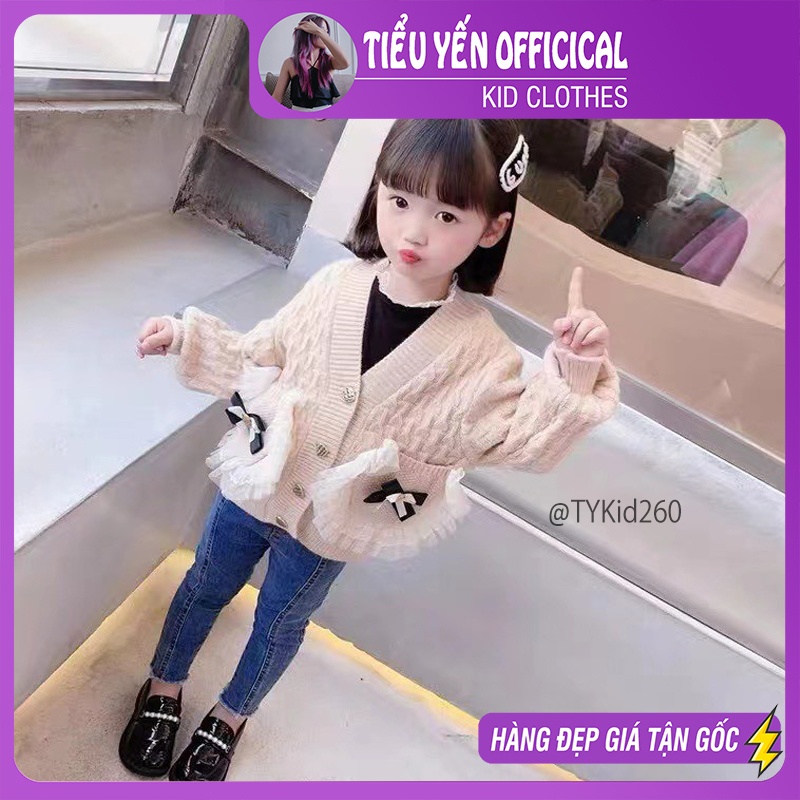 AK260-Áo khoác len bé gái, áo len thu đông màu be túi phối bèo Tiểu Yến KID