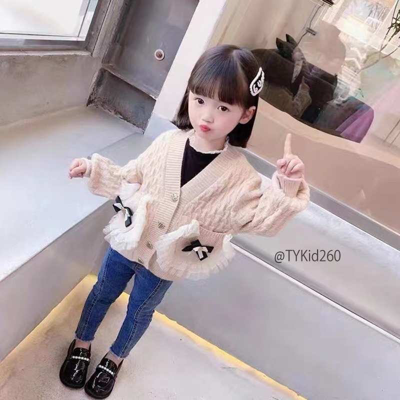 AK260-Áo khoác len bé gái, áo len thu đông màu be túi phối bèo Tiểu Yến KID