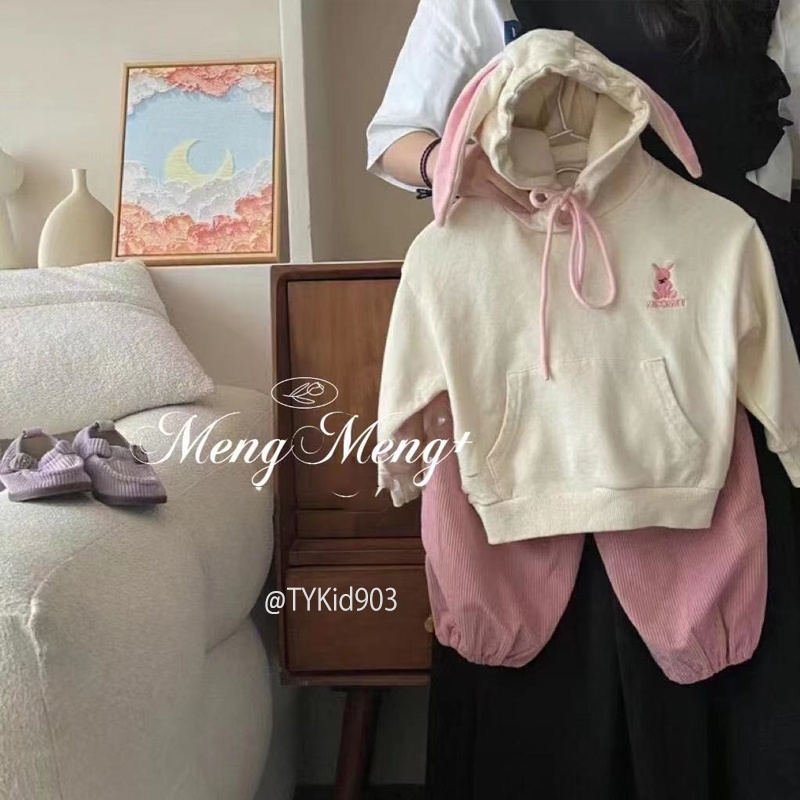 S903-Đồ bộ bé gái, bộ nỉ ảo nỉ hoodie kem tai thỏ và quần nhung hồng Tiểu Yến KID