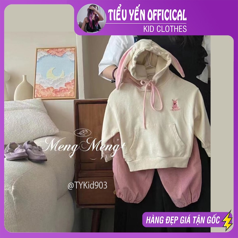 S903-Đồ bộ bé gái, bộ nỉ ảo nỉ hoodie kem tai thỏ và quần nhung hồng Tiểu Yến KID