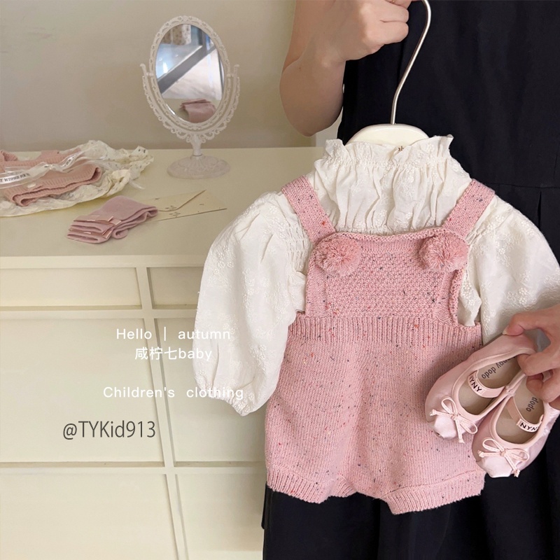 S913-Đồ bộ bé gái, set yếm cao cấp, yếm đùi len và sơ mi thêu hoa Tiểu Yến KID