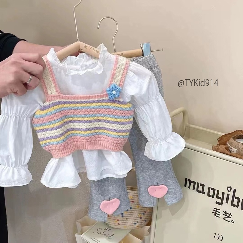 S914-Đồ bộ bé gái, set bộ cao cấp 3 chi tiết, áo sơ mi, gile len và quần nỉ loe Tiểu Yến KID