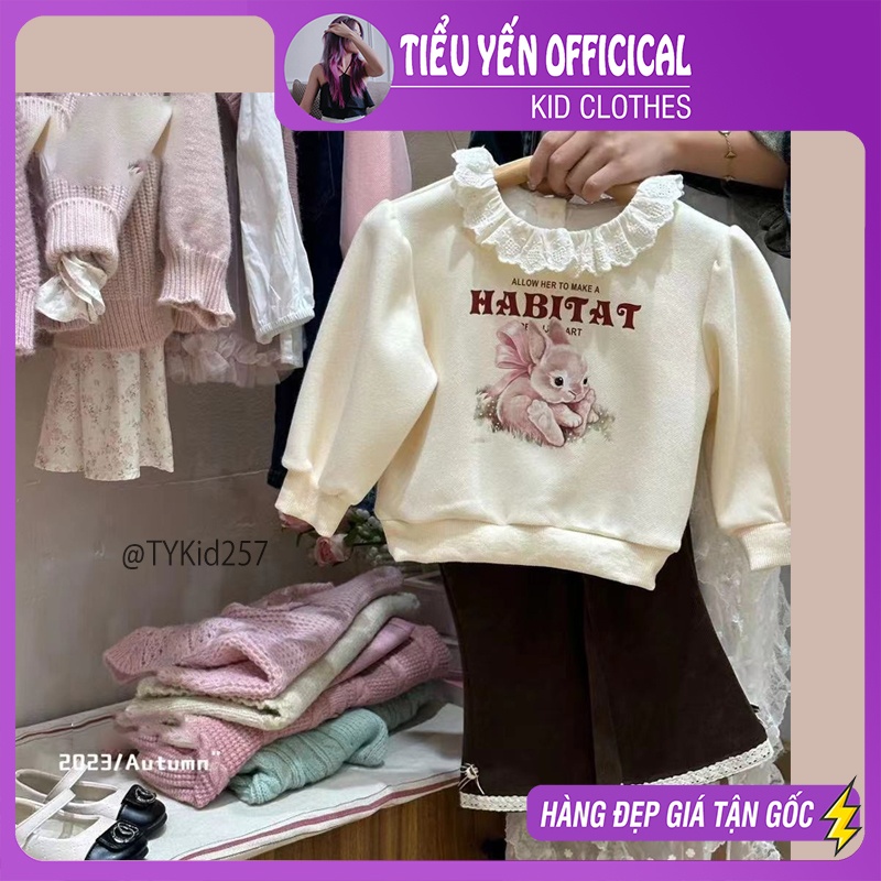 A257-Áo bé gái, áo nỉ bé gái hình thỏ màu kem cố phối ren style hàn quốc Tiểu Yến KID