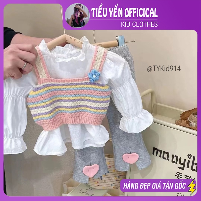 S914-Đồ bộ bé gái, set bộ cao cấp 3 chi tiết, áo sơ mi, gile len và quần nỉ loe Tiểu Yến KID