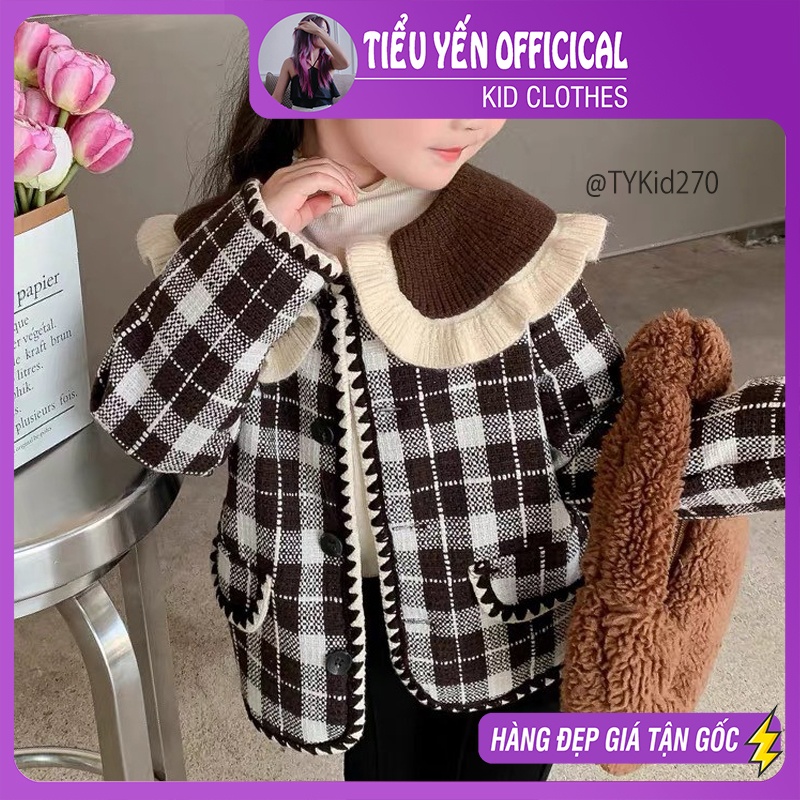 AK270-Áo khoác bé gái, áo khoác dạ caro cổ nâu Tiểu Yến KID