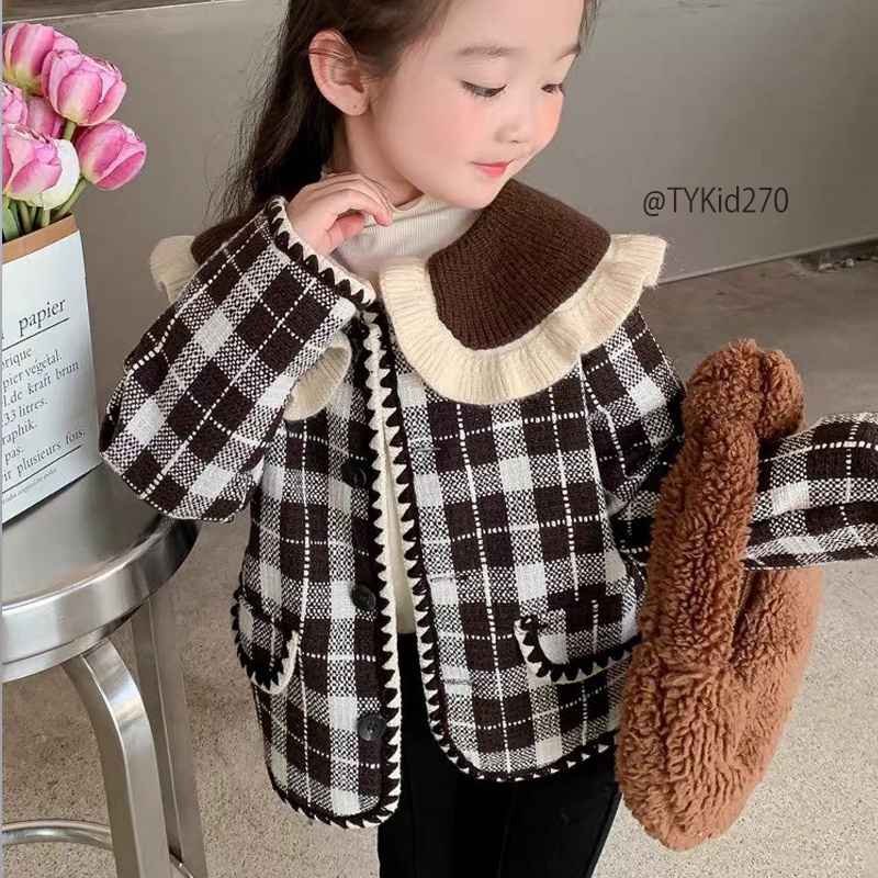 AK270-Áo khoác bé gái, áo khoác dạ caro cổ nâu Tiểu Yến KID