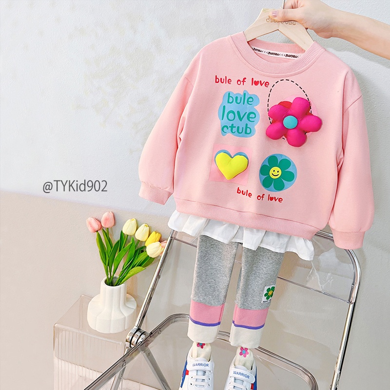 S902-Đồ bộ bé gái, bộ nỉ thu đông áo phối hoa và quần legging Tiểu Yến KID