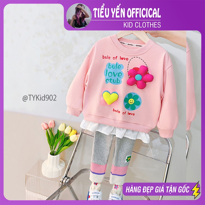 S902-Đồ bộ bé gái, bộ nỉ thu đông áo phối hoa và quần legging Tiểu Yến KID