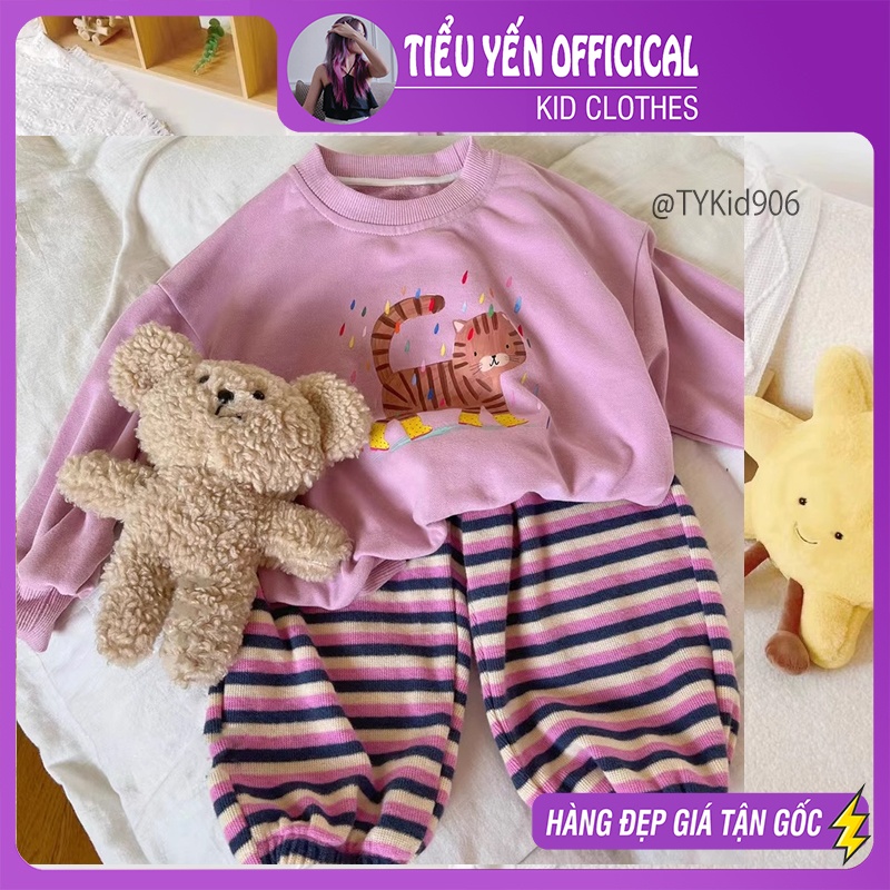 S906-Đồ bộ bé gái, set áo nỉ mèo quần kẻ Tiểu Yến KID