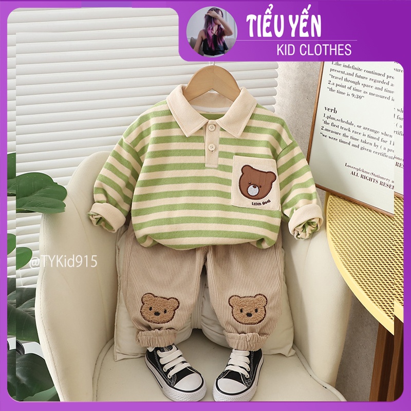 S915-Đồ bộ bé trai, set nỉ áo polo gấu và quần nhung Tiểu Yến KID